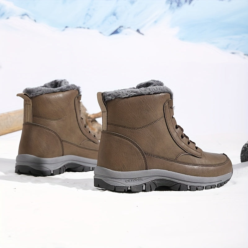 Brown plush-lined winter boots shown in snow with lace-up closure, deep-tread soles, and above-ankle fit