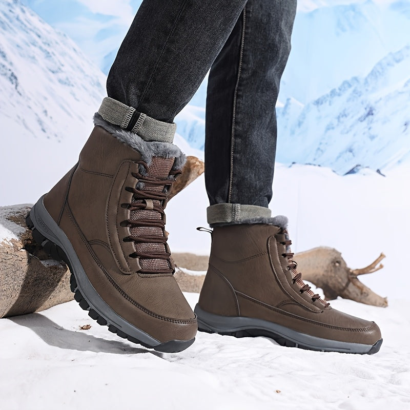 Brown plush-lined winter boots worn by a person in snow, featuring lace-up closure and deep-tread soles