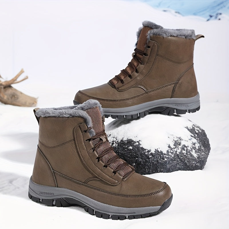 Brown plush-lined winter boot shown in snow, featuring lace-up closure, deep-tread sole, and above-ankle fit