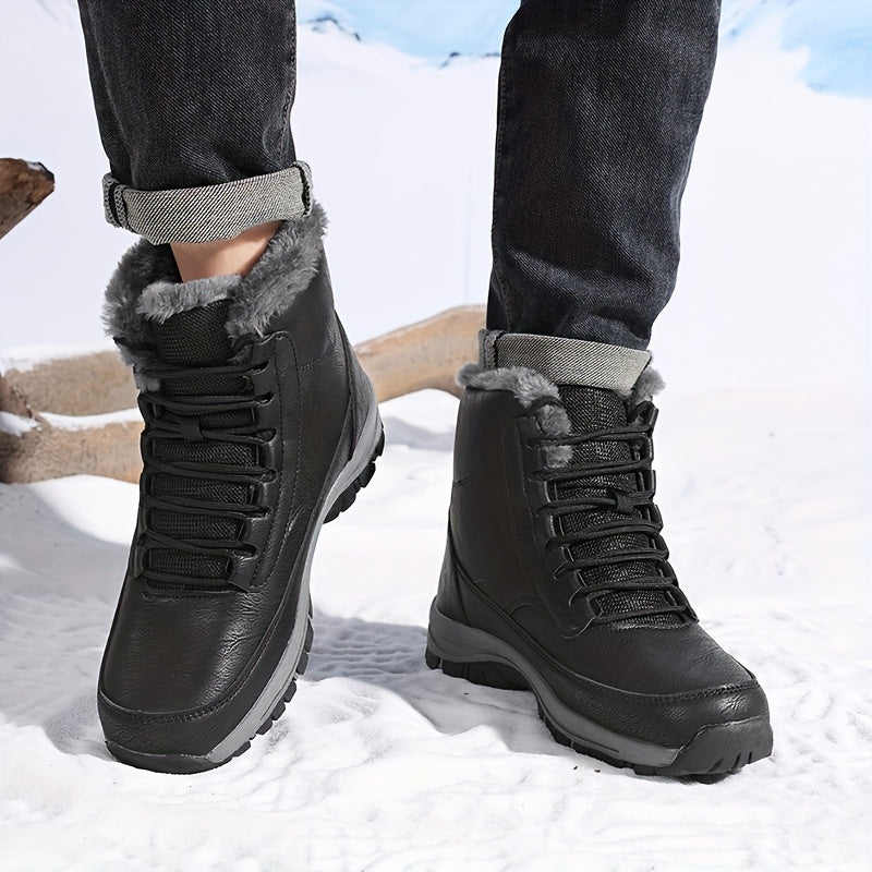 Black plush-lined winter boots worn by a person, featuring lace-up closure and deep-tread soles, front view