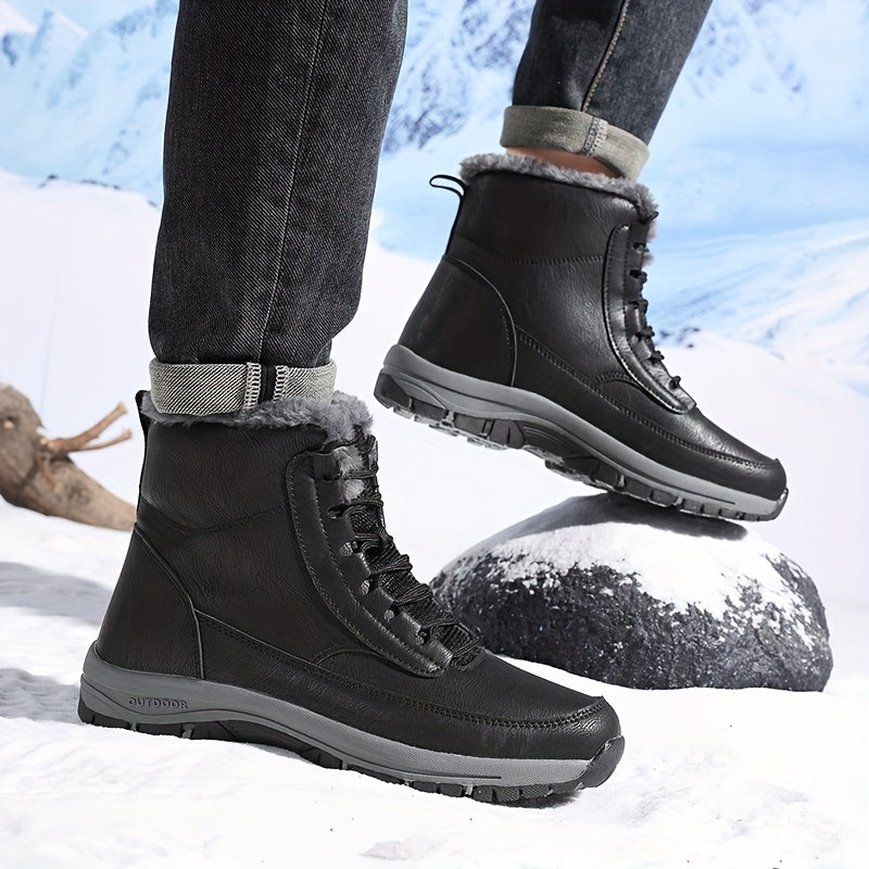 Black plush-lined winter boot shown in snow, featuring lace-up closure, deep-tread sole, and above-ankle fit
