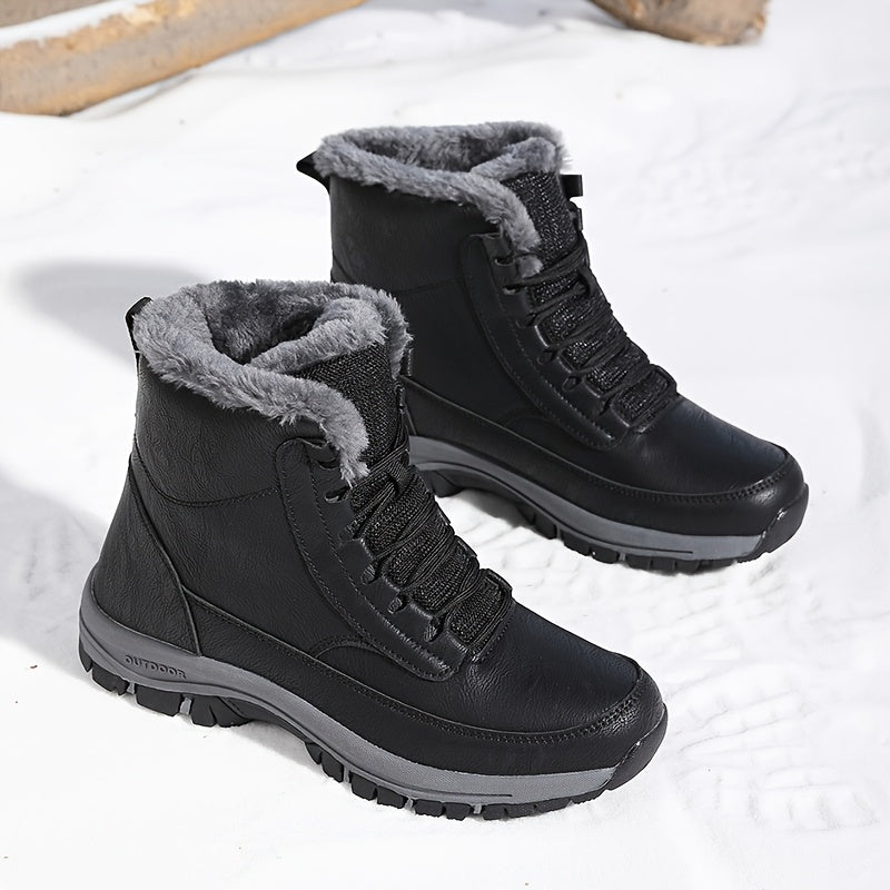 Black plush-lined winter boots for men with lace-up closure, deep-tread soles, and above-ankle fit