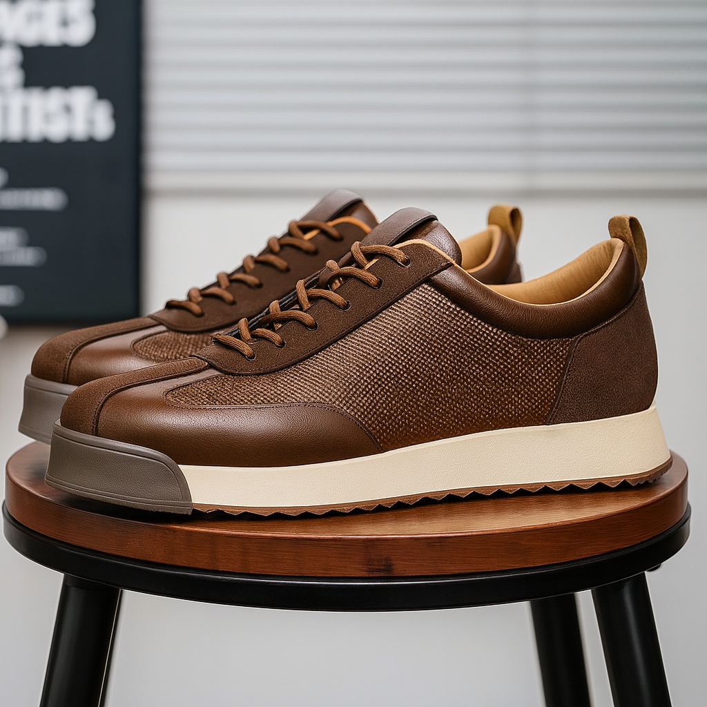 Pair of brown leather sneakers with cream soles, resting on a round wooden stool in an indoor setting.