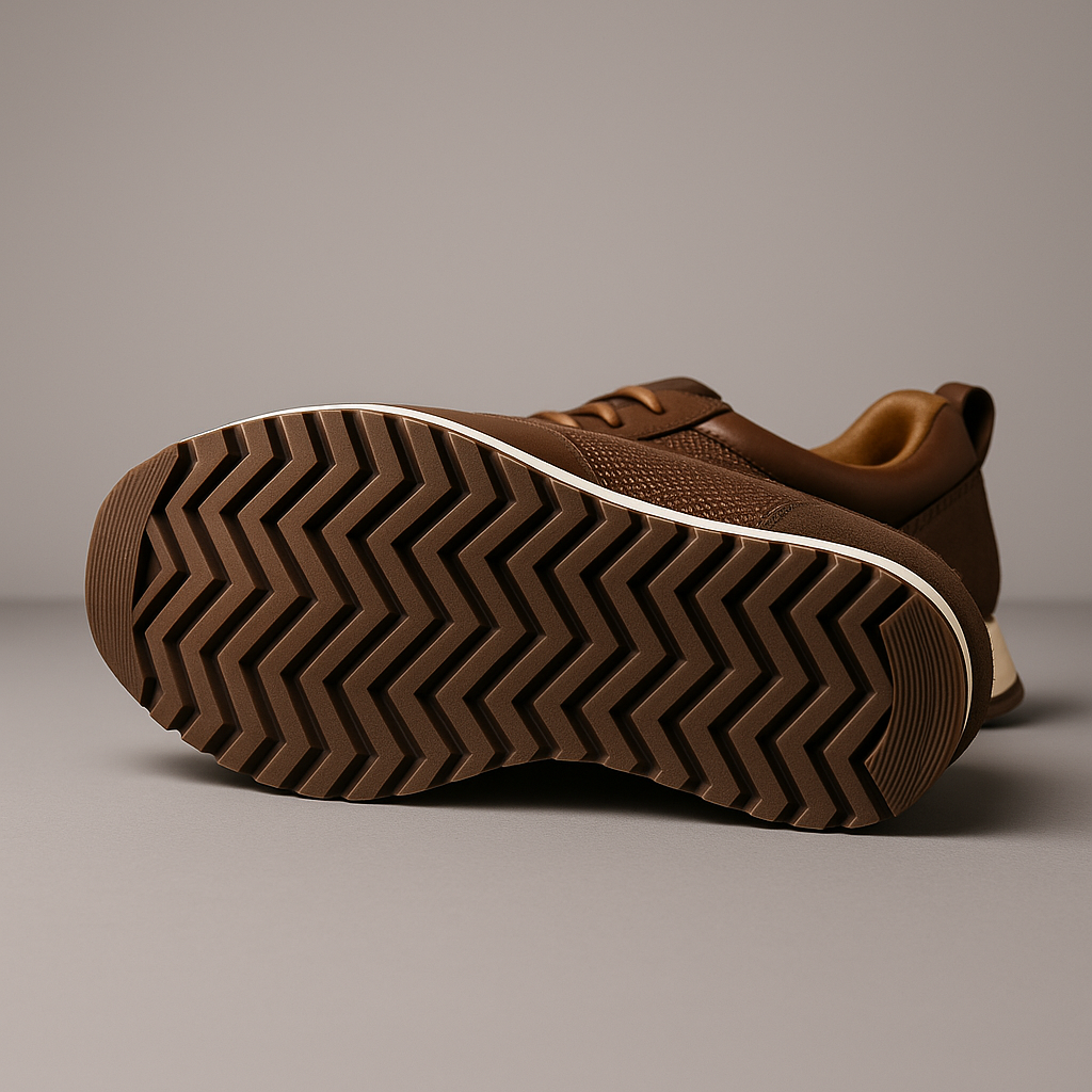 Close-up of a brown leather sneaker tilted on its side to show the zigzag-patterned tread sole, against a beige backdrop.