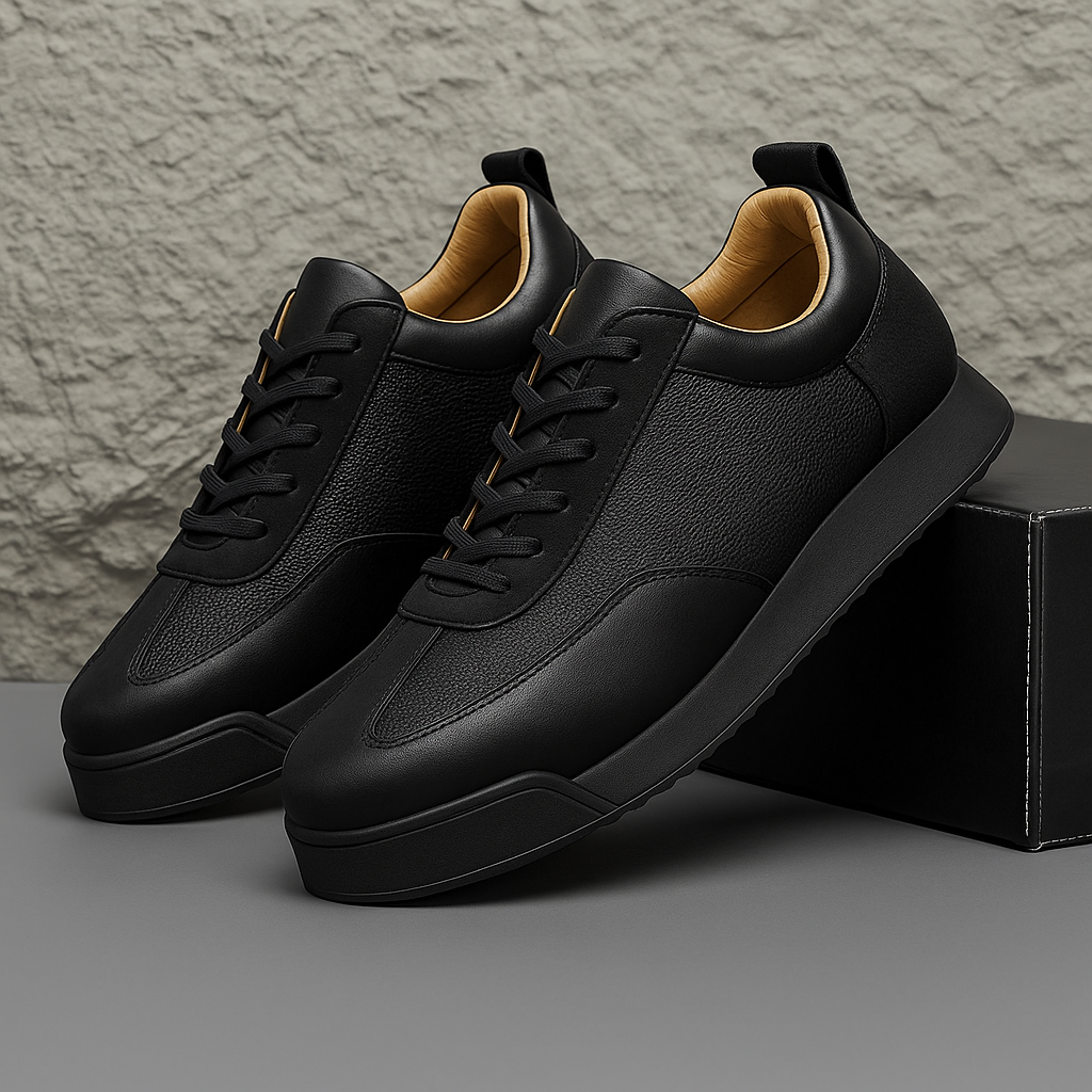 Pair of black leather sneakers, one propped against a black shoe box, against a textured stone backdrop.