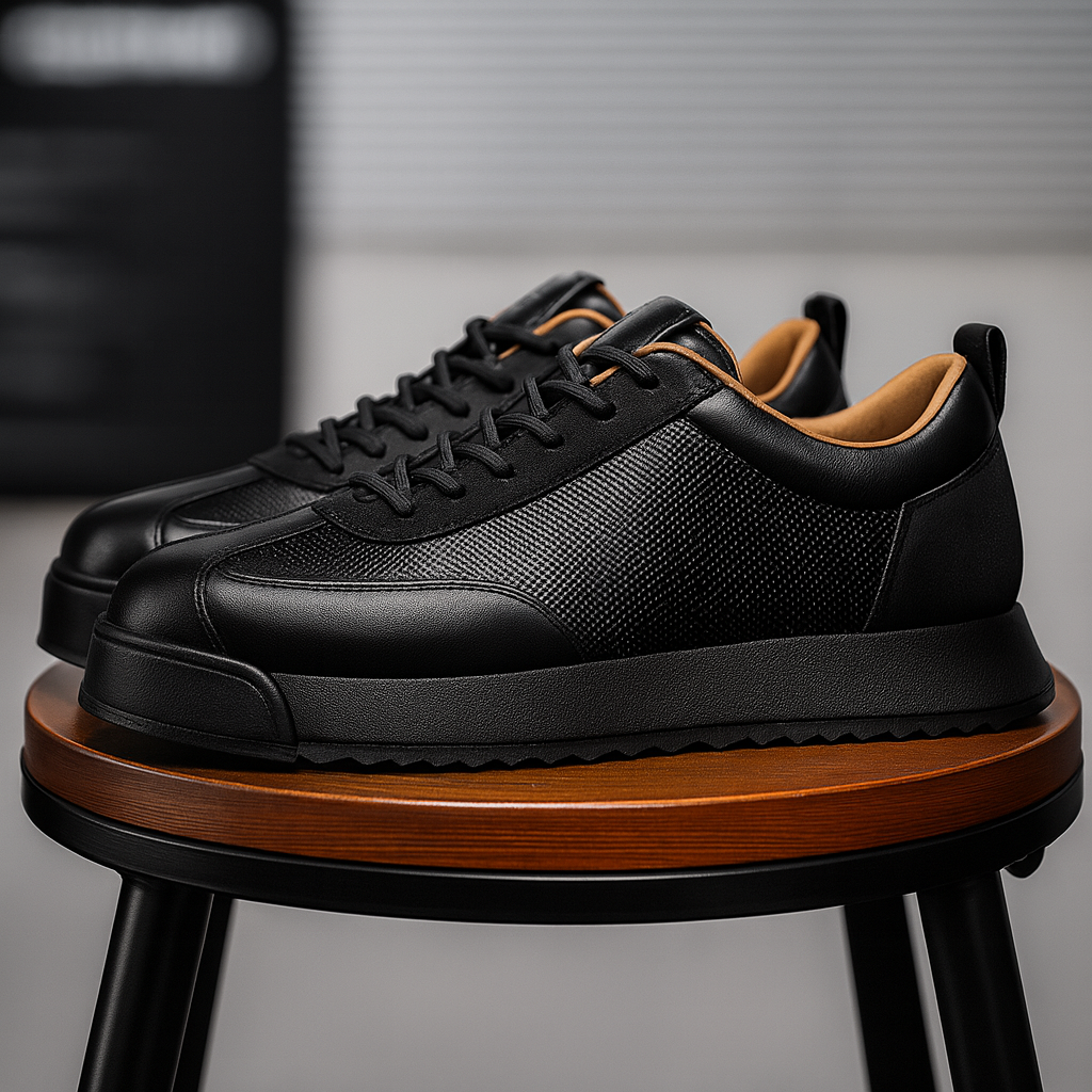 Pair of black leather sneakers resting on a round wooden stool in an indoor setting.