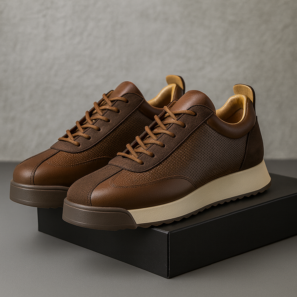 Pair of brown leather sneakers with tan soles, resting on a black shoe box against a gray textured backdrop.