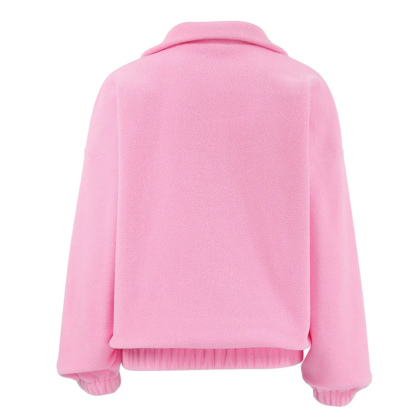 Pink quarter-zip fleece pullover product shown from the back
