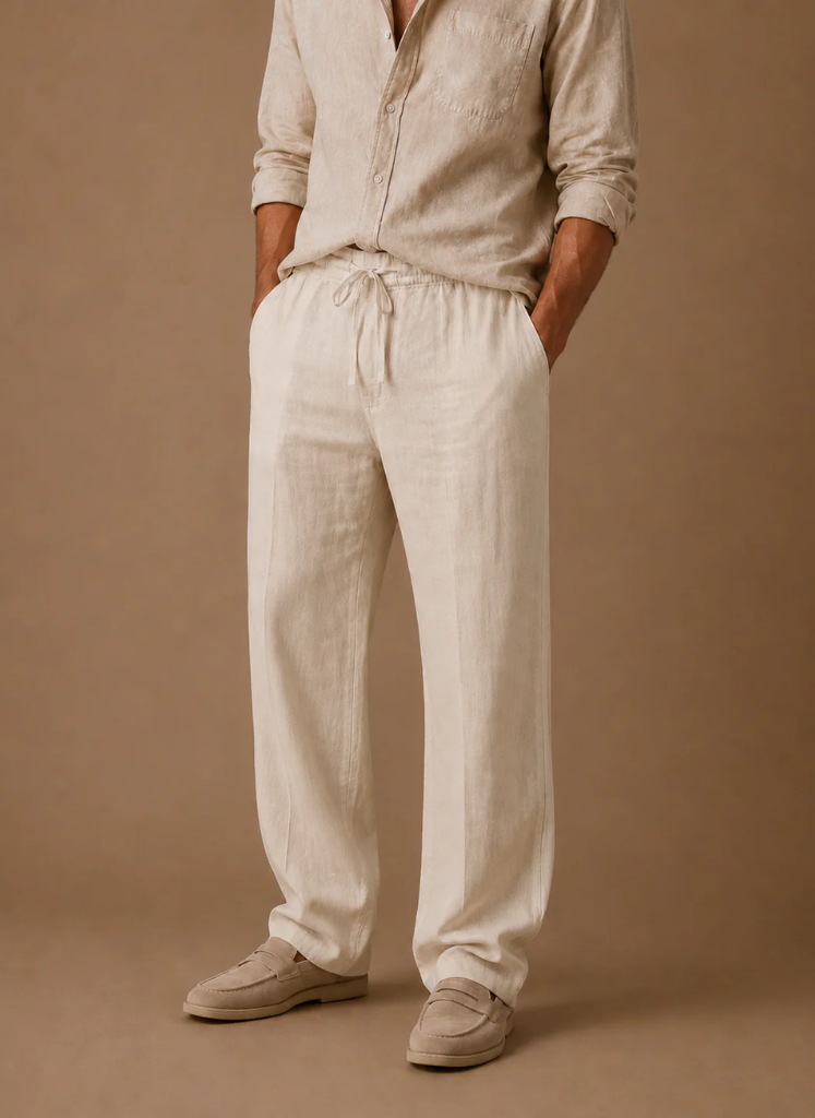 Man wearing beige linen drawstring pants featuring a relaxed straight-leg silhouette and breathable fabric.