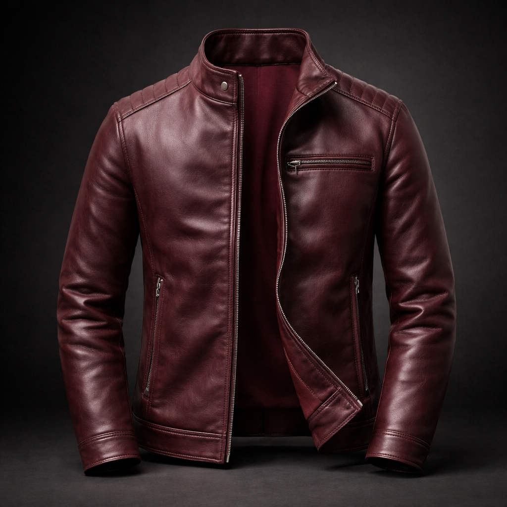 Burgundy premium leather biker jacket featuring a stand collar, front zipper, chest zip pocket, and slim-fit silhouette on a dark background.