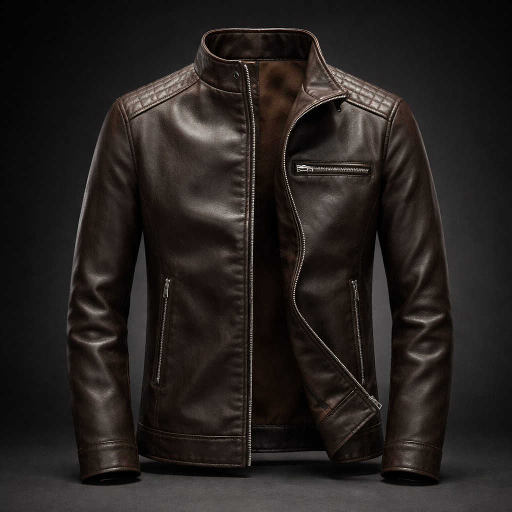 Dark brown premium leather biker jacket with a stand collar, zip-front closure, chest zip pocket, and side zip pockets displayed on a dark background.