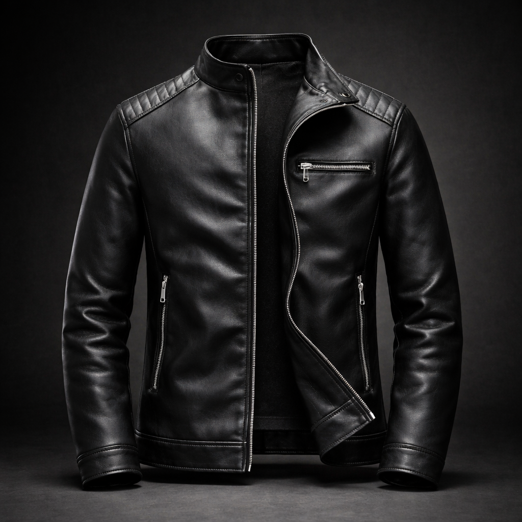 Black premium leather biker jacket featuring a stand collar, front zipper, chest zip pocket, and slim-fit design on a dark background.
