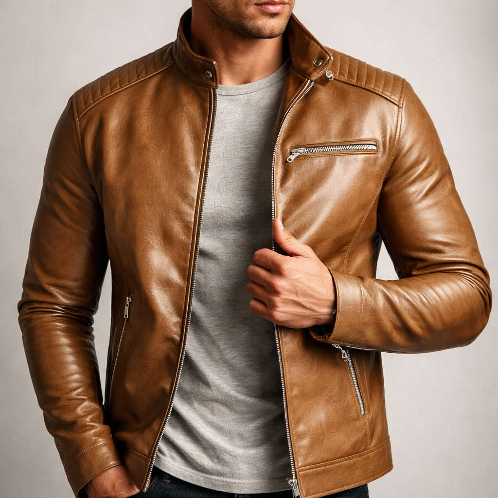 Man wearing a tan premium leather biker jacket with a stand collar, zip-front closure, and chest zip pocket over a white T-shirt.