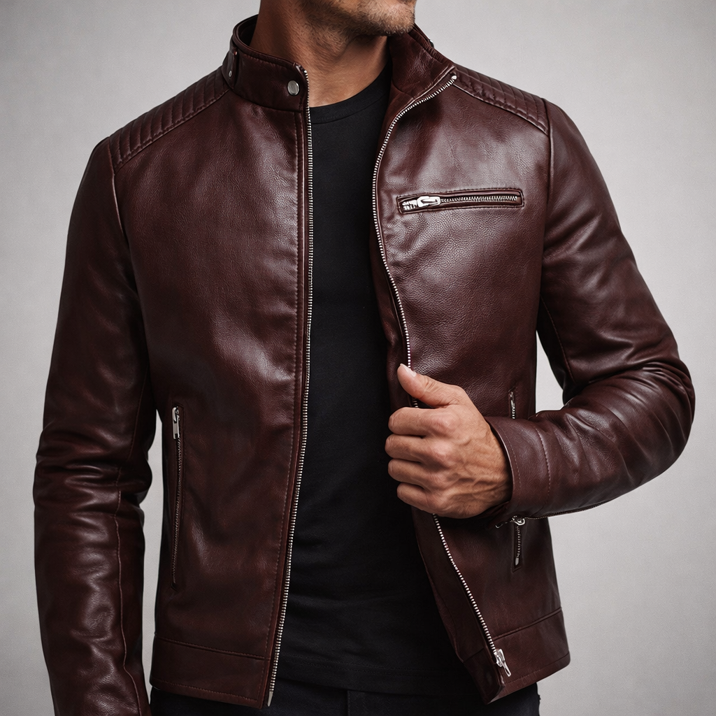 Man wearing a burgundy premium leather biker jacket featuring a stand collar, front zipper, and modern slim-fit silhouette.