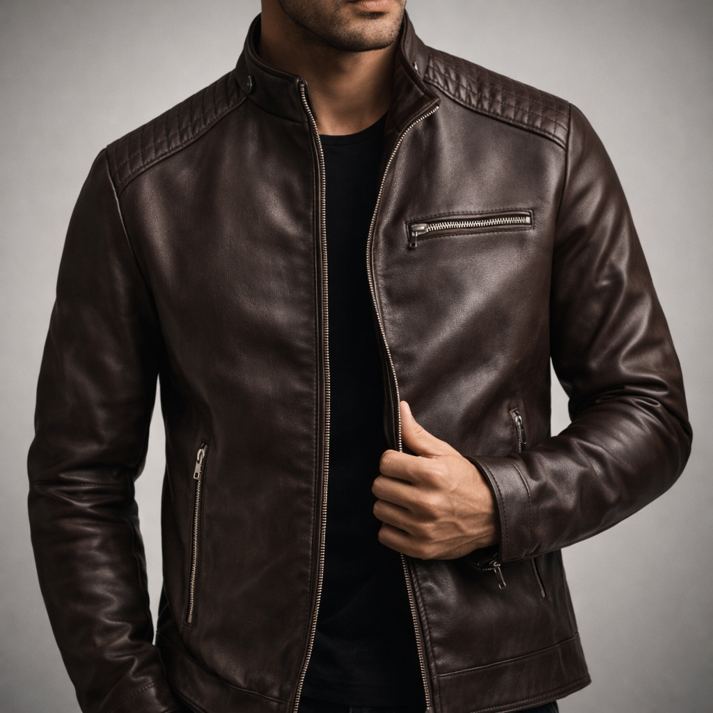 Man wearing a dark brown premium leather biker jacket with a stand collar, chest zip pocket, and zip-front closure.