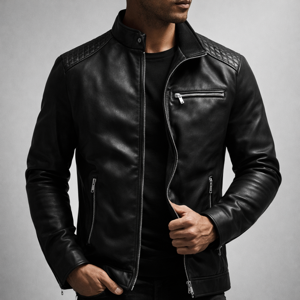 Man wearing a black premium leather biker jacket featuring a stand collar, zip-front closure, and sleek slim-fit design.