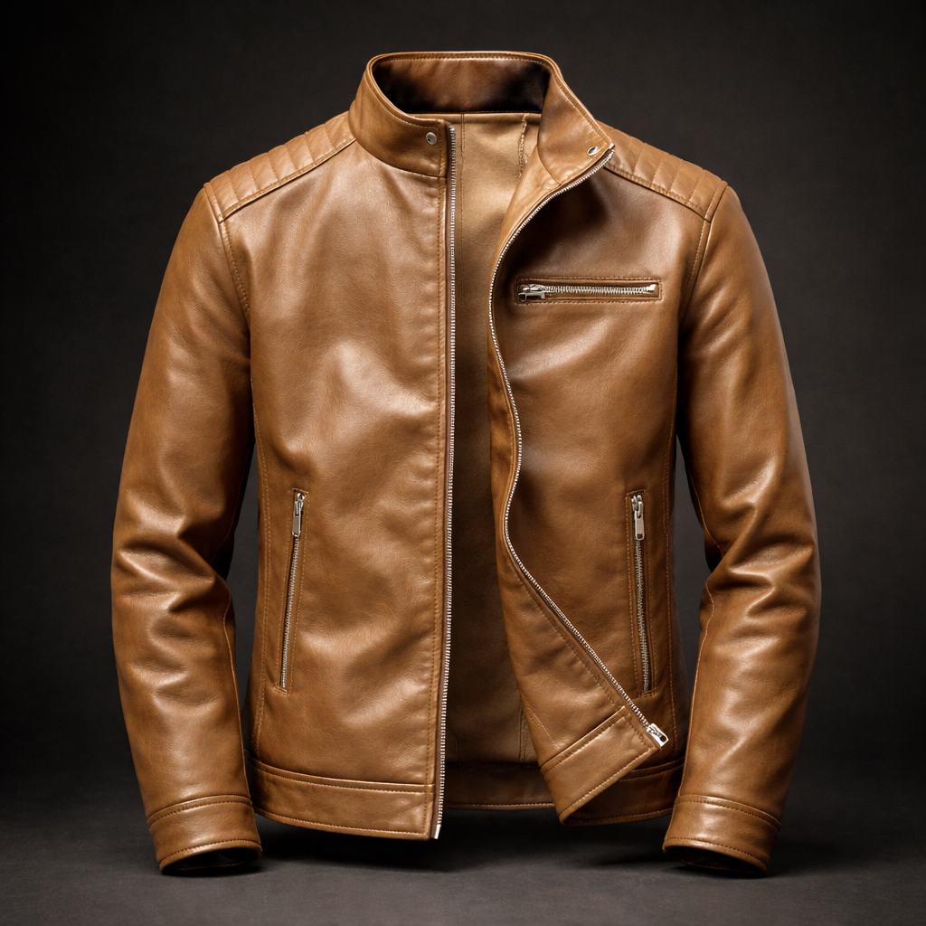Tan premium leather biker jacket with a stand collar, zip-front closure, chest zip pocket, and side zip pockets displayed on a dark background.