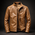 Tan premium leather biker jacket with a stand collar, zip-front closure, chest zip pocket, and side zip pockets displayed on a dark background.