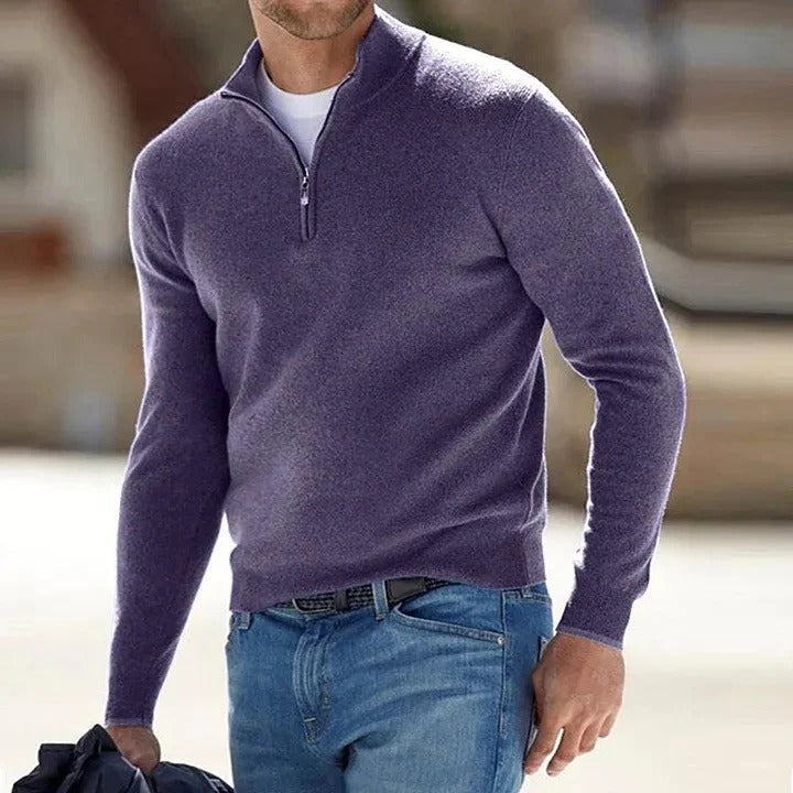 Dark purple half-zip knit sweater with a stand collar and long sleeves, worn with blue jeans in a casual setting.
