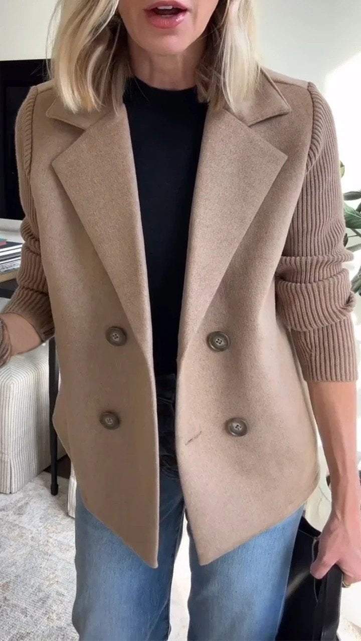 Ramona Wool Blend Blazer – Contrast-Sleeve Double-Breasted Tailored-Fit Workwear