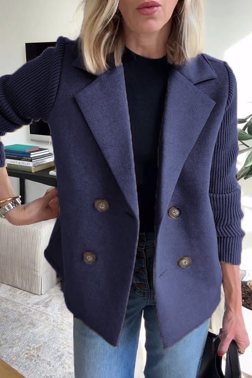 Ramona Wool Blend Blazer – Contrast-Sleeve Double-Breasted Tailored-Fit Workwear
