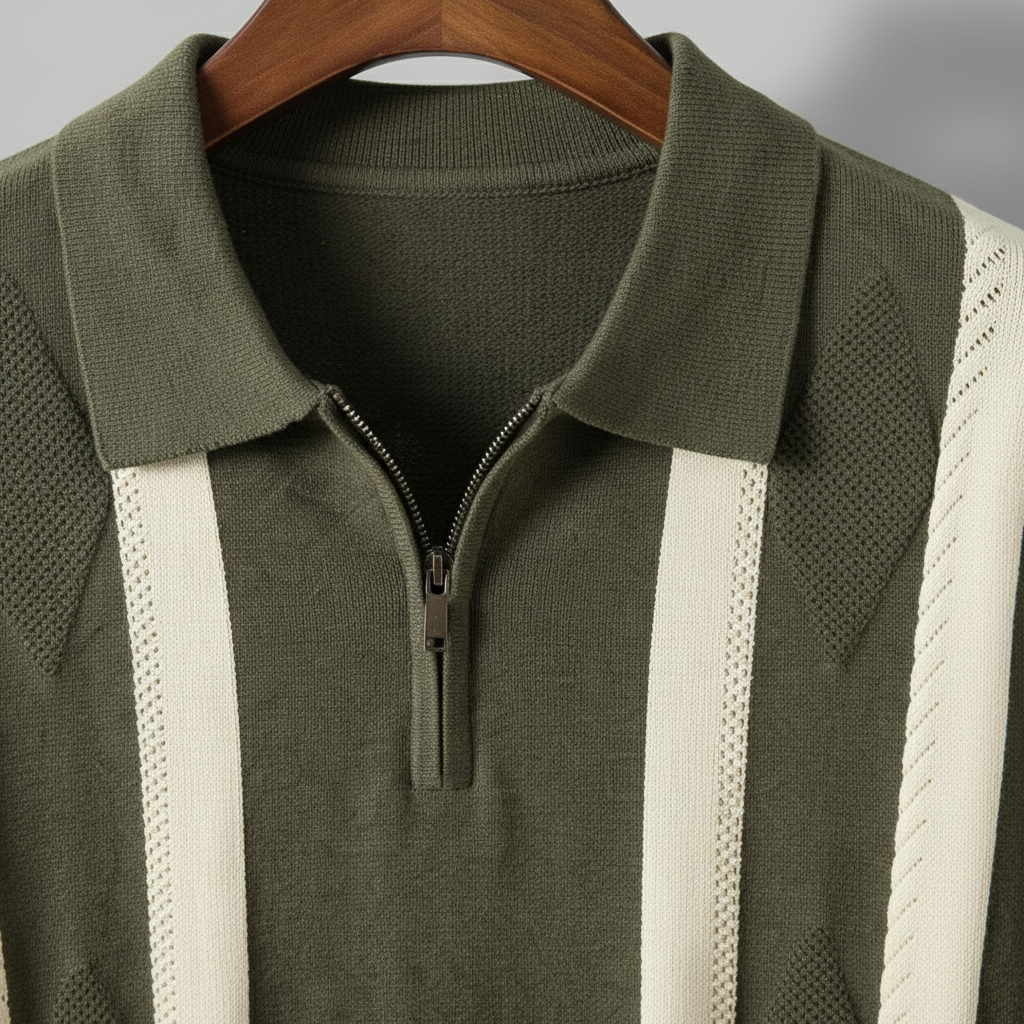 Olive green knit quarter-zip polo with cream vertical stripes, textured fabric, and a classic spread collar.