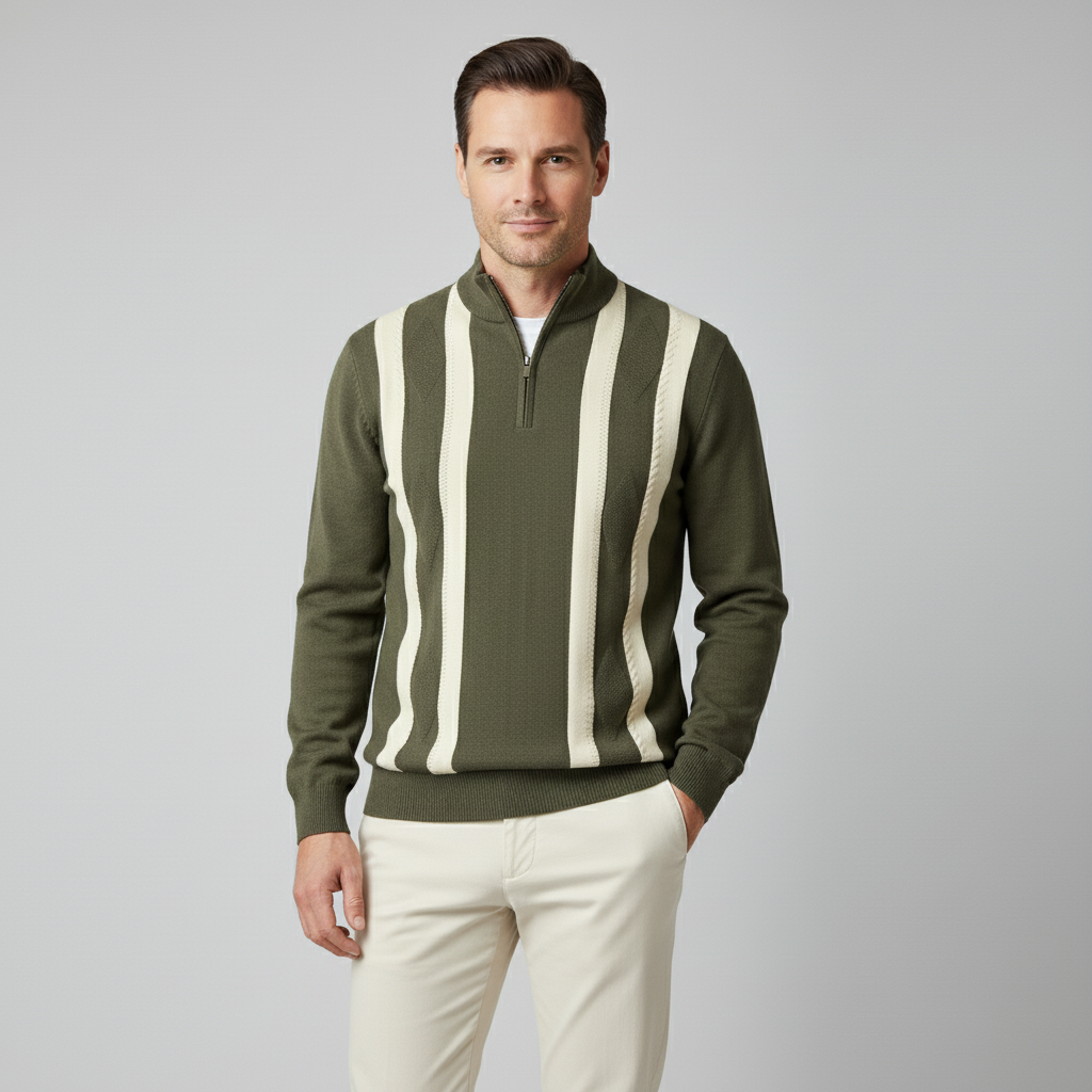 Olive green knit quarter-zip polo with cream vertical stripes, featuring a classic collar and soft, stretch-fit fabric.