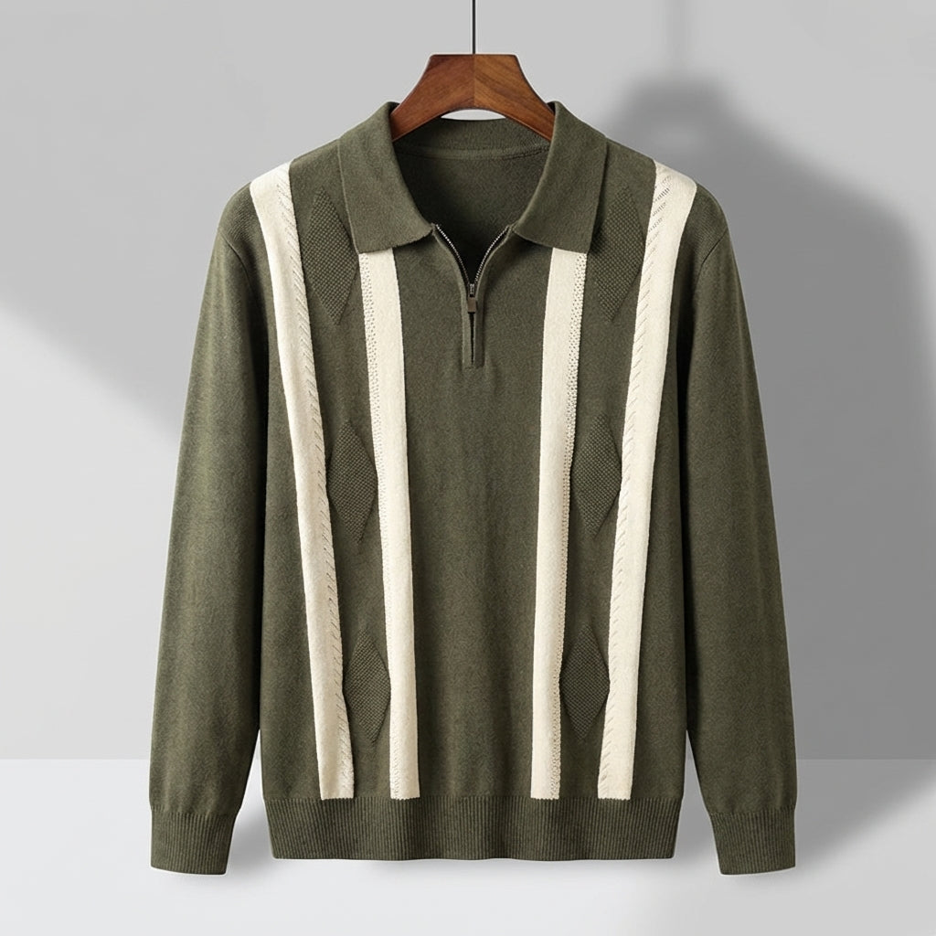 Olive green long-sleeve knit polo with cream vertical stripes, a quarter-zip collar, and textured diamond detailing.