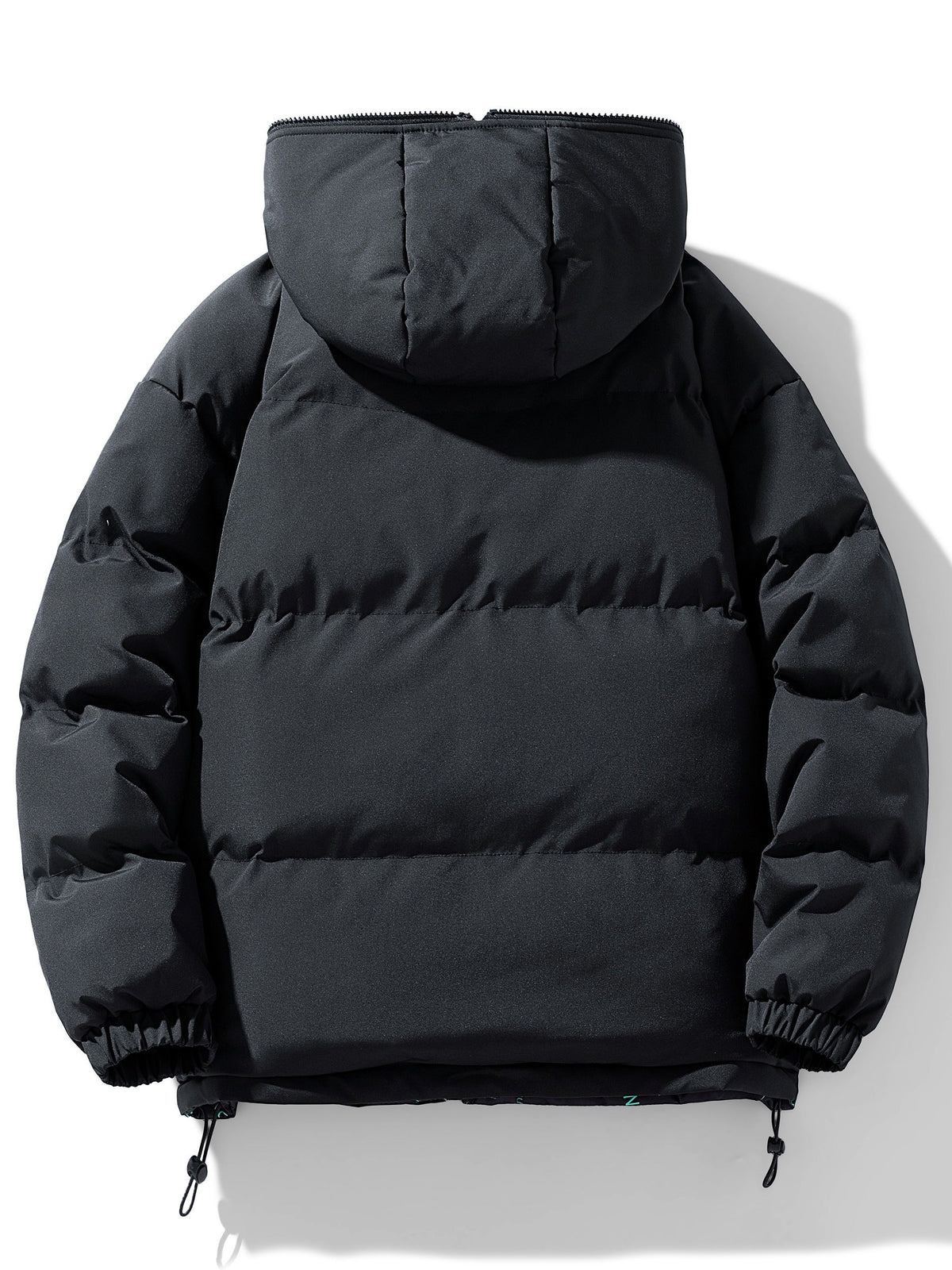 A black quilted hooded jacket with a padded design, shown from the back