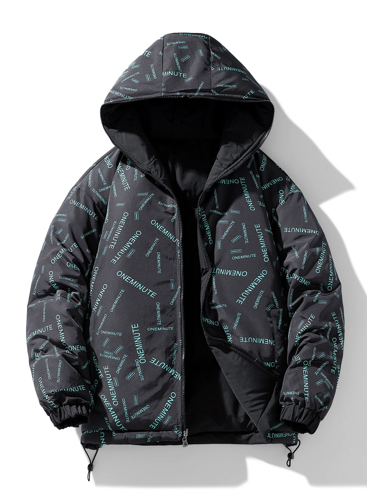 A black reversible hooded quilted jacket showing the patterned inner lining