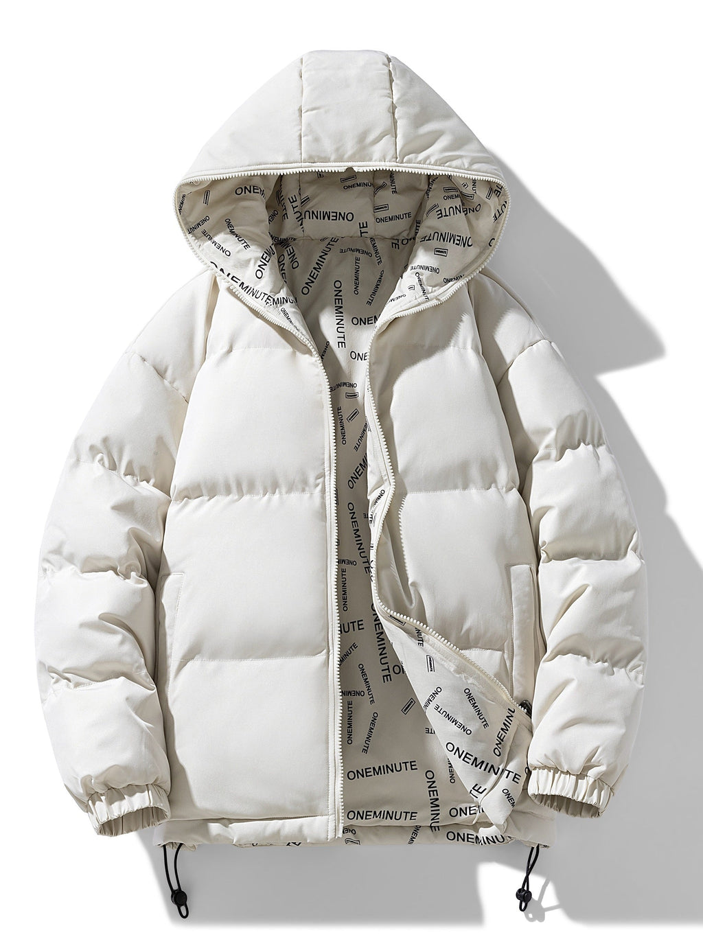 A white reversible hooded quilted jacket with a zip front and cotton-blend shell, front view
