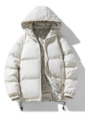 A white reversible hooded quilted jacket with a zip front and cotton-blend shell, front view