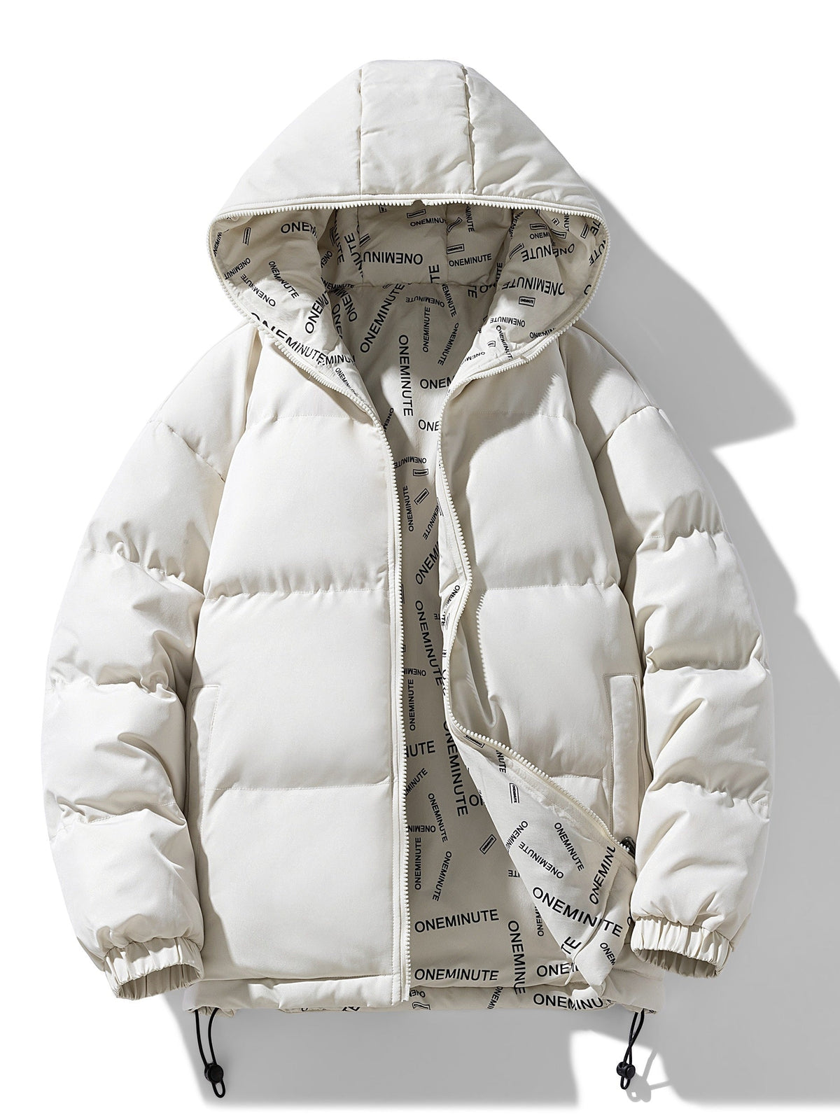 A white reversible hooded quilted jacket with a zip front and cotton-blend shell, front view