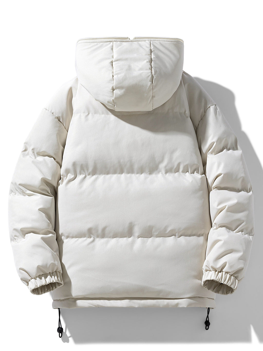 A white quilted jacket with a hood and padded design, shown from the back
