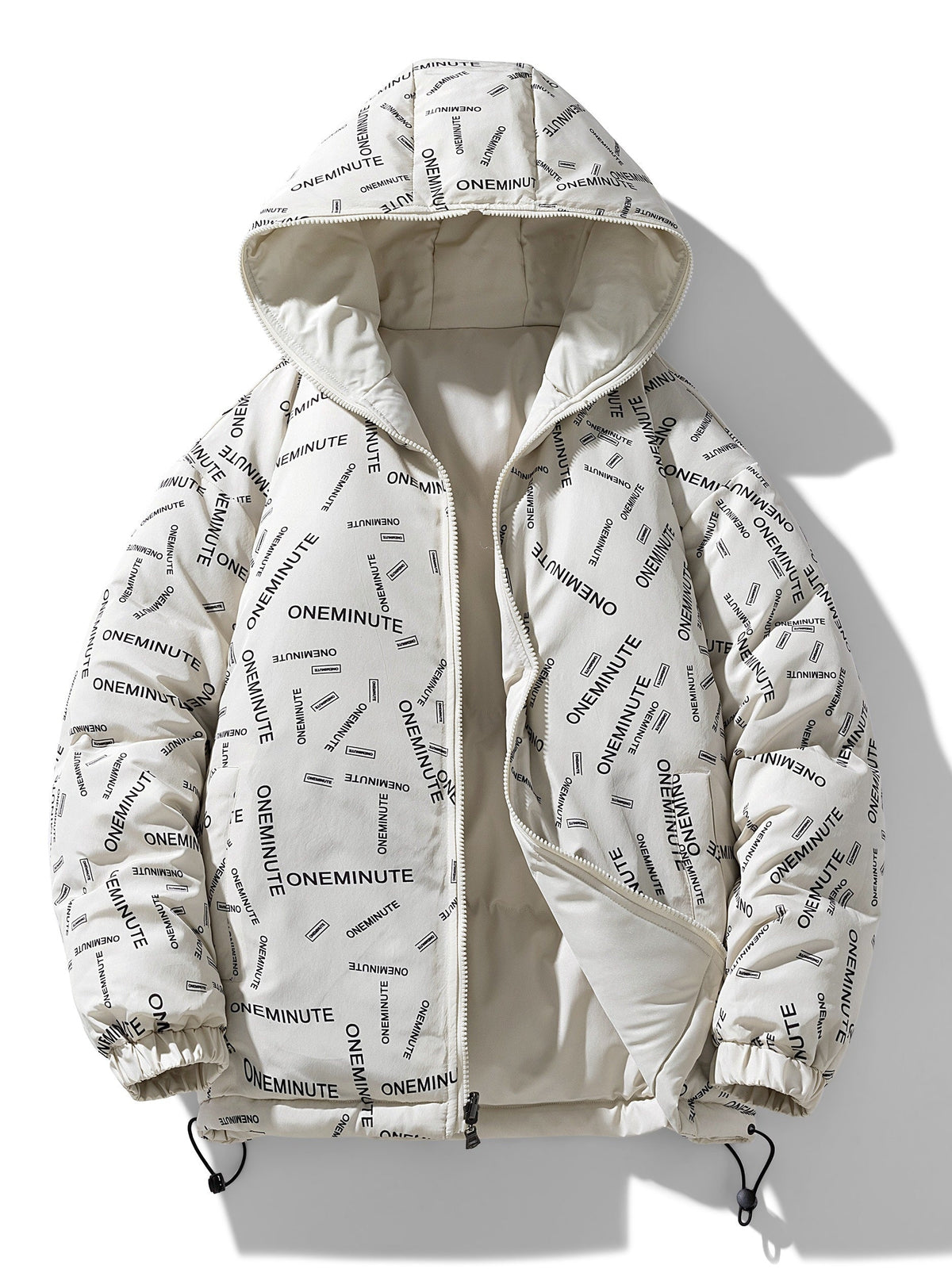 A white reversible hooded quilted jacket showing the patterned inner side