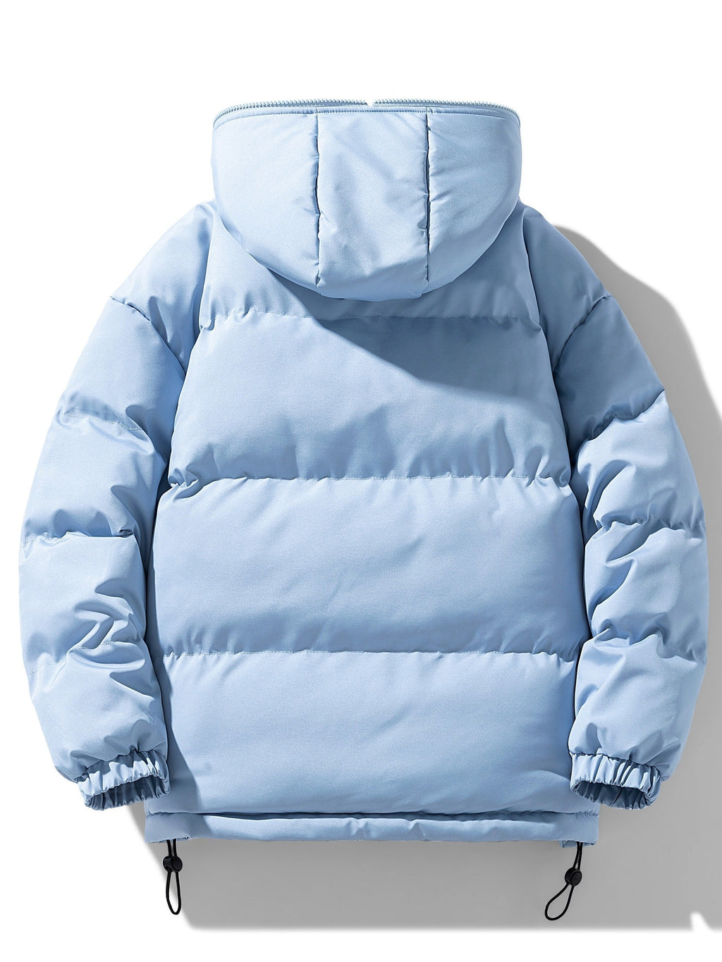 A light blue quilted jacket with a hood and padded design, shown from the back