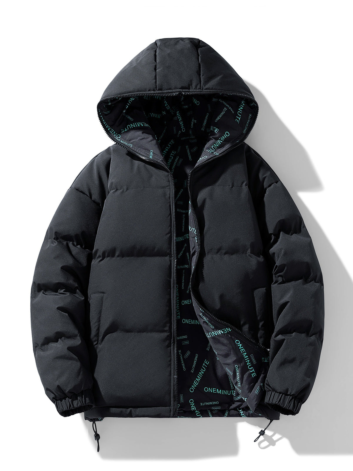 A black reversible hooded quilted jacket with a padded design, front view