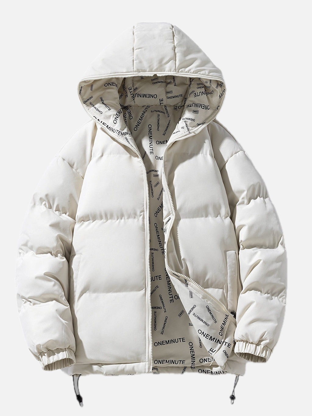 A white reversible hooded quilted jacket with a zip front and cotton-blend shell, shown open