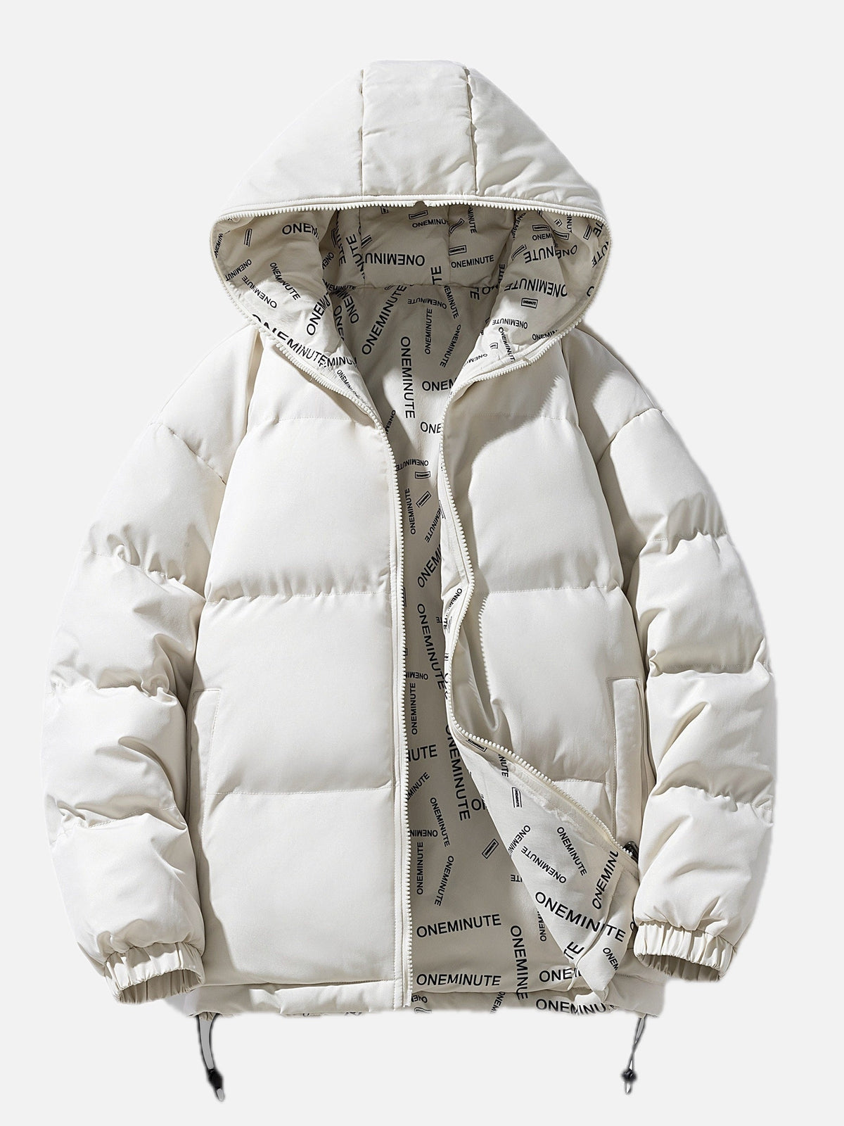 A white reversible hooded quilted jacket with a zip front and cotton-blend shell, shown open