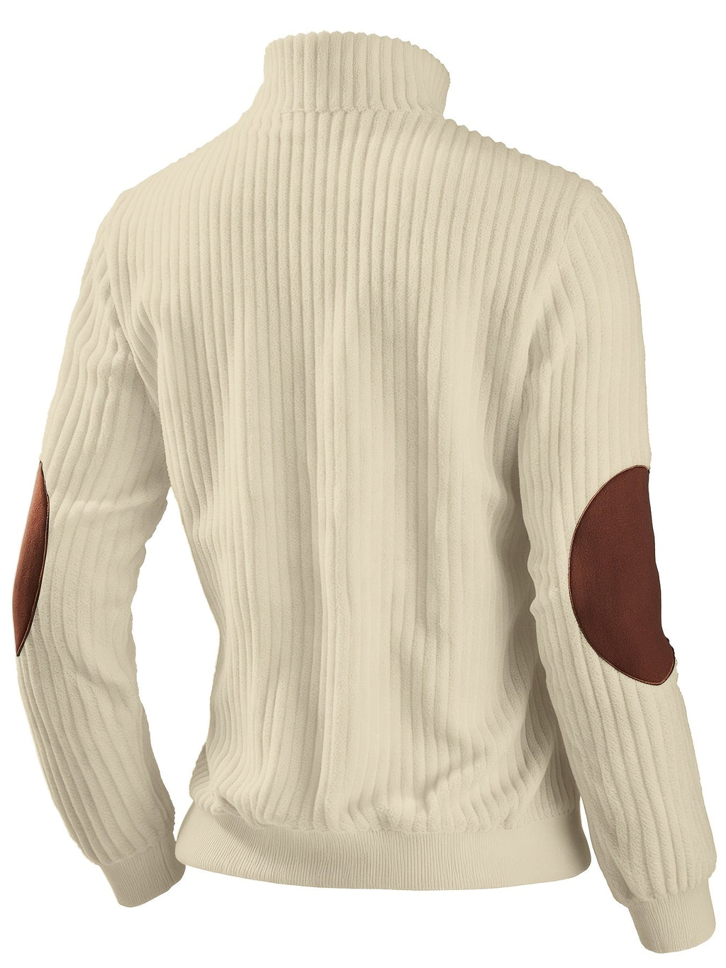 Cream ribbed knit quarter-zip sweater featuring contrast brown suede-look elbow patches and a stand collar.