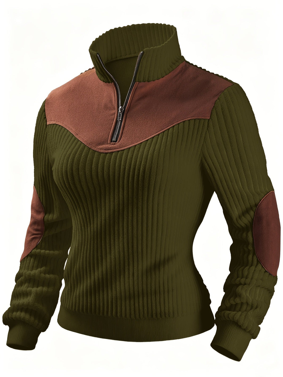 Olive green ribbed knit quarter-zip sweater with brown suede-look yoke and matching elbow patches.