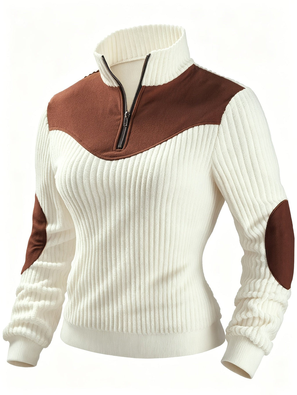 Ribbed knit quarter-zip sweater in cream with a brown suede-look yoke, stand collar, and matching elbow patches.