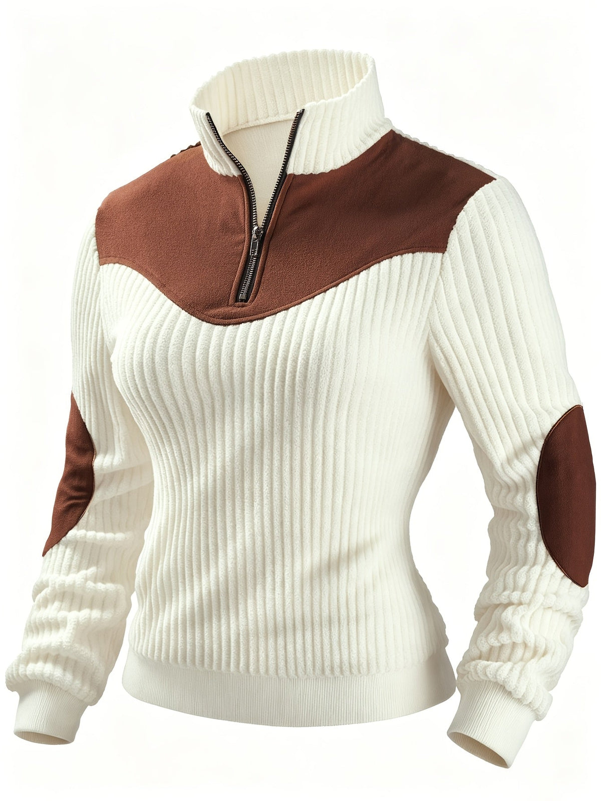Ribbed knit quarter-zip sweater in cream with a brown suede-look yoke, stand collar, and matching elbow patches.