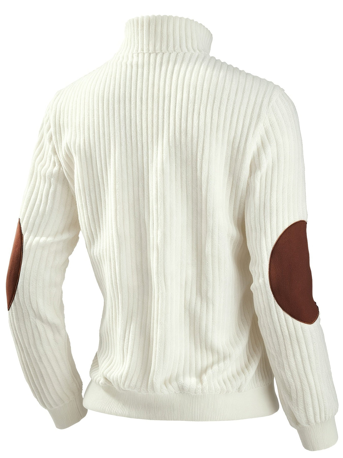 White ribbed knit quarter-zip sweater featuring contrast brown suede-look elbow patches and a stand collar.
