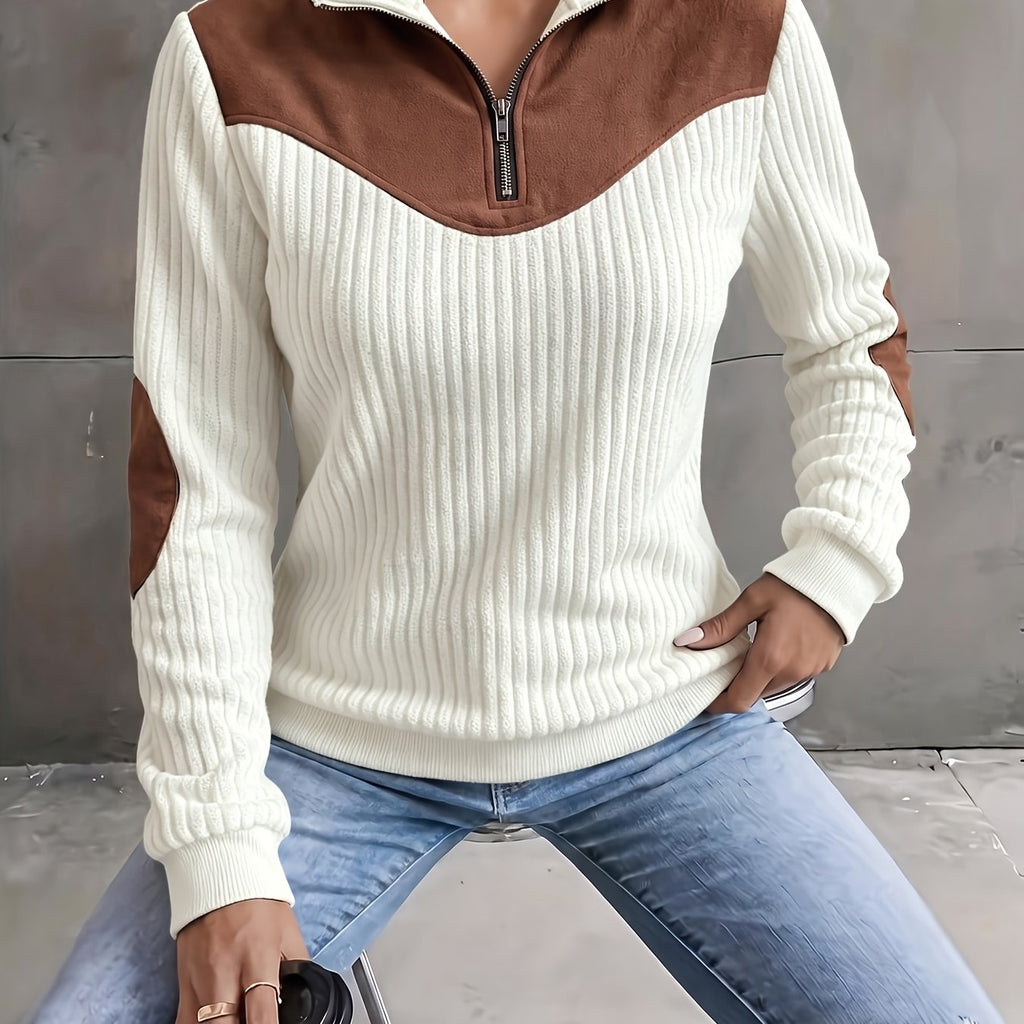 Ribbed Knit Quarter-Zip Sweater – Suede-Look Yoke & Elbow Patches | Miranda