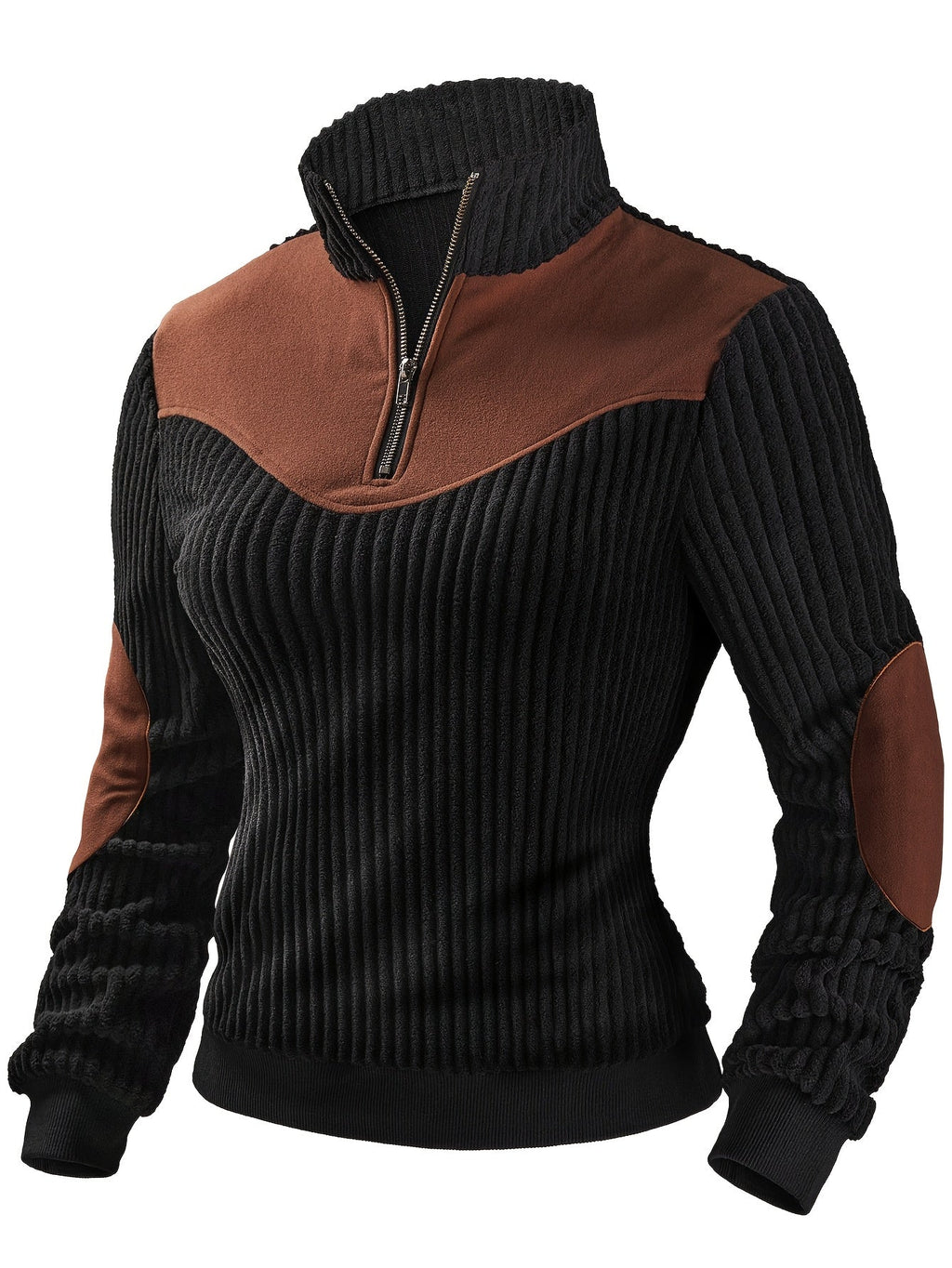 Black ribbed knit quarter-zip sweater with a brown suede-look yoke and matching elbow patches.