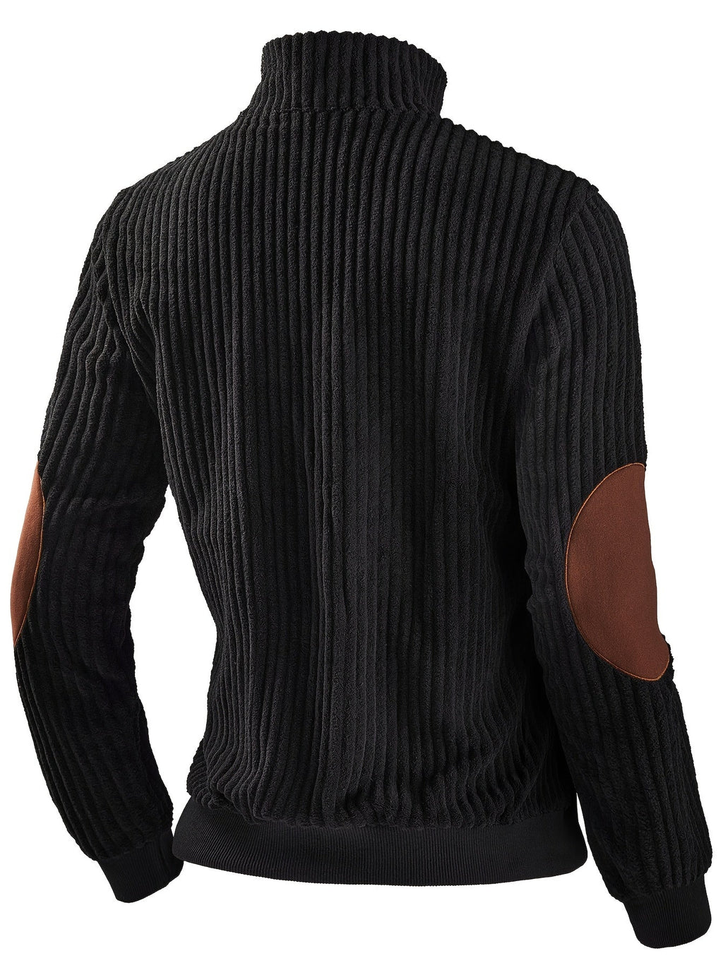 Black ribbed knit quarter-zip sweater featuring contrast brown suede-look elbow patches and a fitted stand collar.