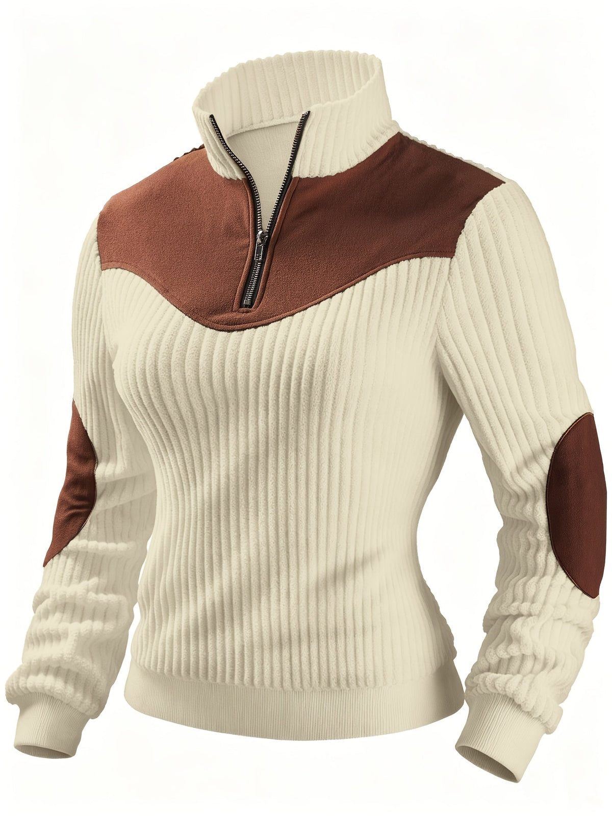 Cream ribbed knit quarter-zip sweater with brown suede-look yoke and elbow patches.