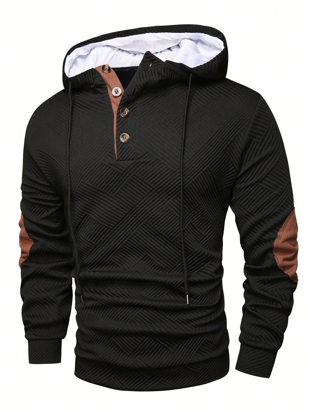 Black button-placket hoodie with elbow patches, front view
