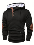 Black button-placket hoodie with elbow patches, front view